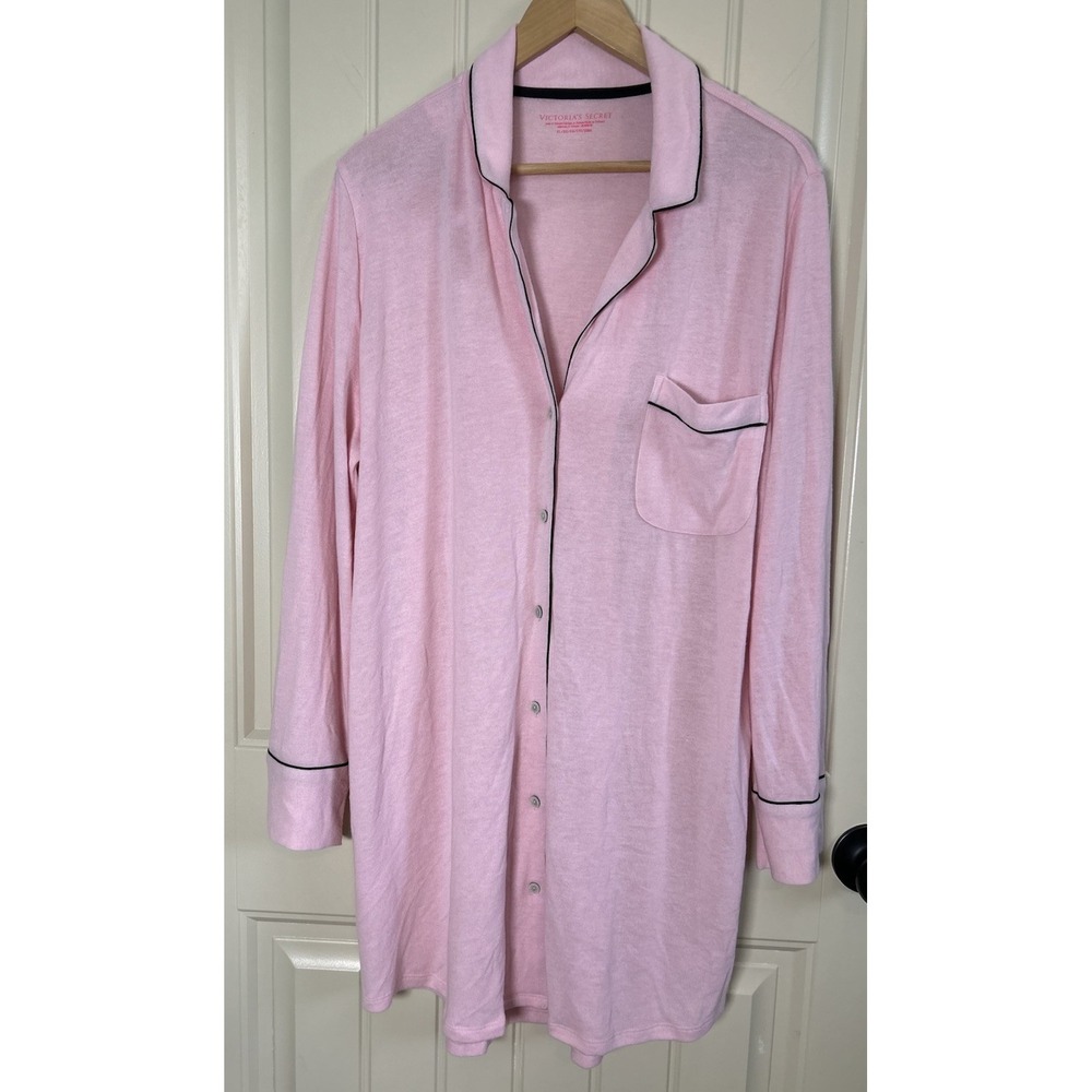 NWT! Victorias Secret Soft SleepShirt XL Pink Black Trim Button Front Valentine